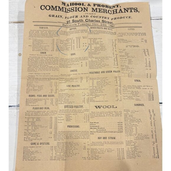 Antique 1880 Mahool & Probst Commission Merchants Newspaper Broadside EPHEMERA - Picture 1 of 8